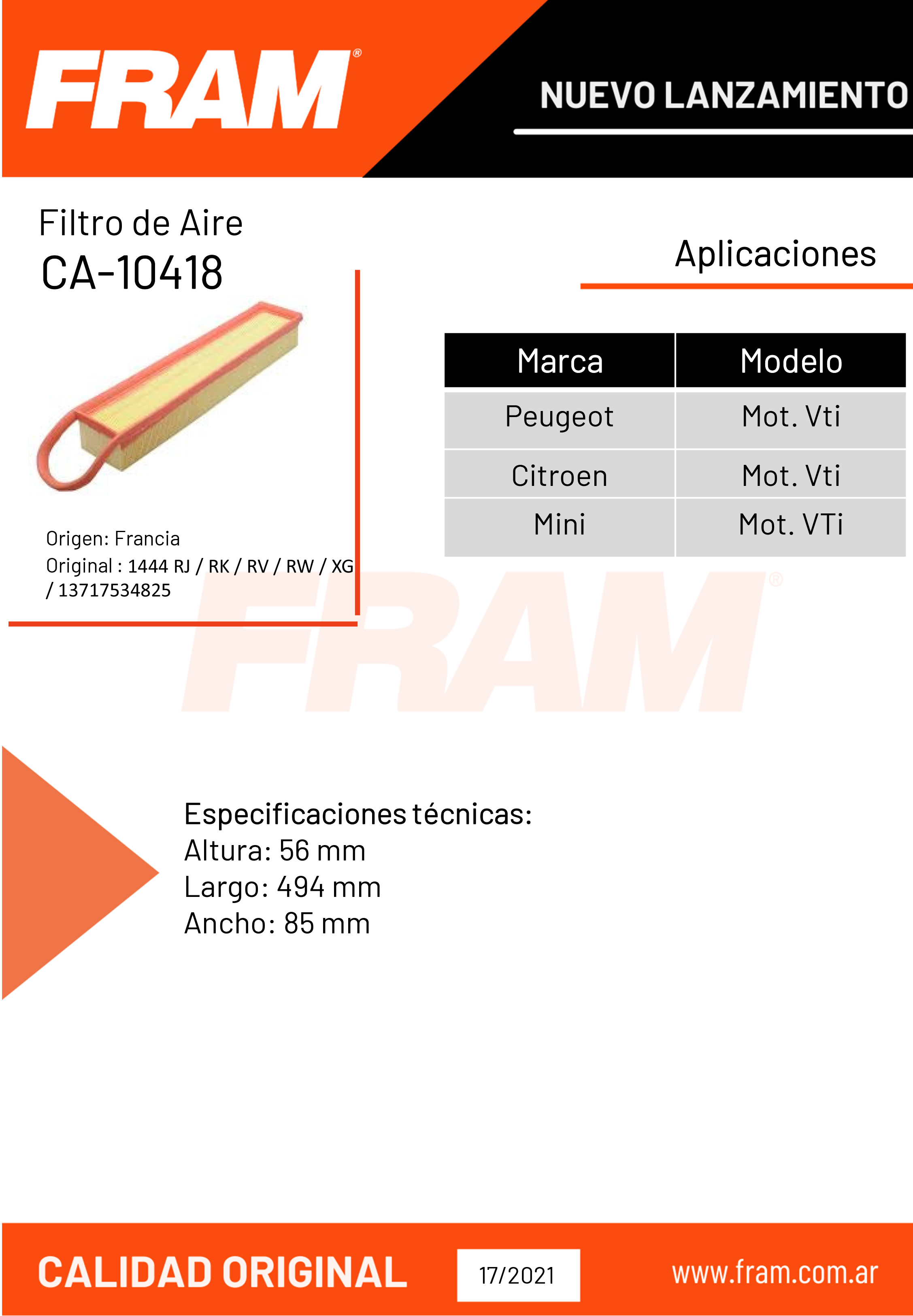 Filtro De Aire FRAM Extra Guard CA10414